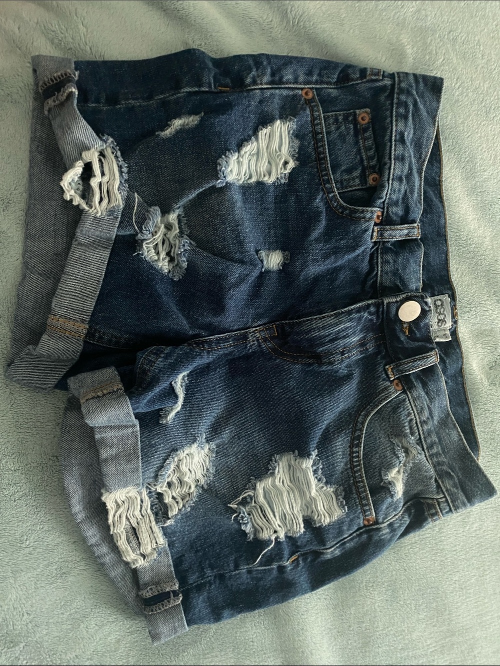 ASOS Distressed Dark Blue Rolled Hem Denim Shorts